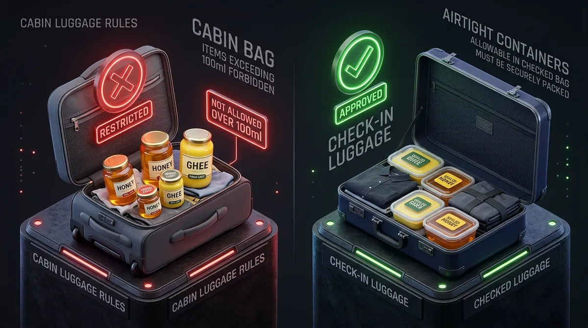 Infographic 01: 100ml cabin baggage prohibition vs checked luggage allowance for ghee and honey