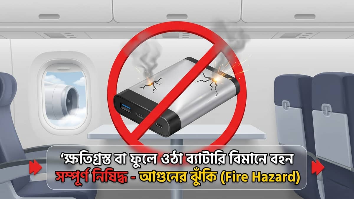 ক্ষতিগ্রস্ত বা ফুলে ওঠা ব্যাটারি বিমানে বহন সম্পূর্ণ নিষিদ্ধ ও আগুনের ঝুঁকি