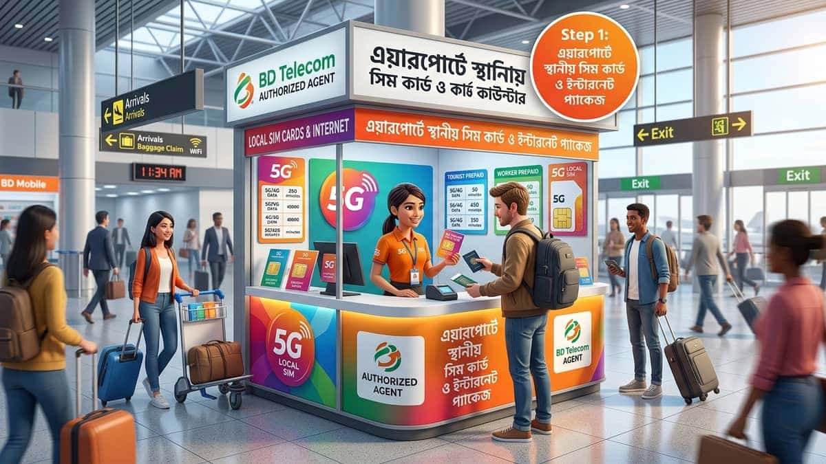 বিদেশে নেমে এয়ারপোর্টে পাসপোর্ট দিয়ে লোকাল সিম কার্ড সংগ্রহের বুথ