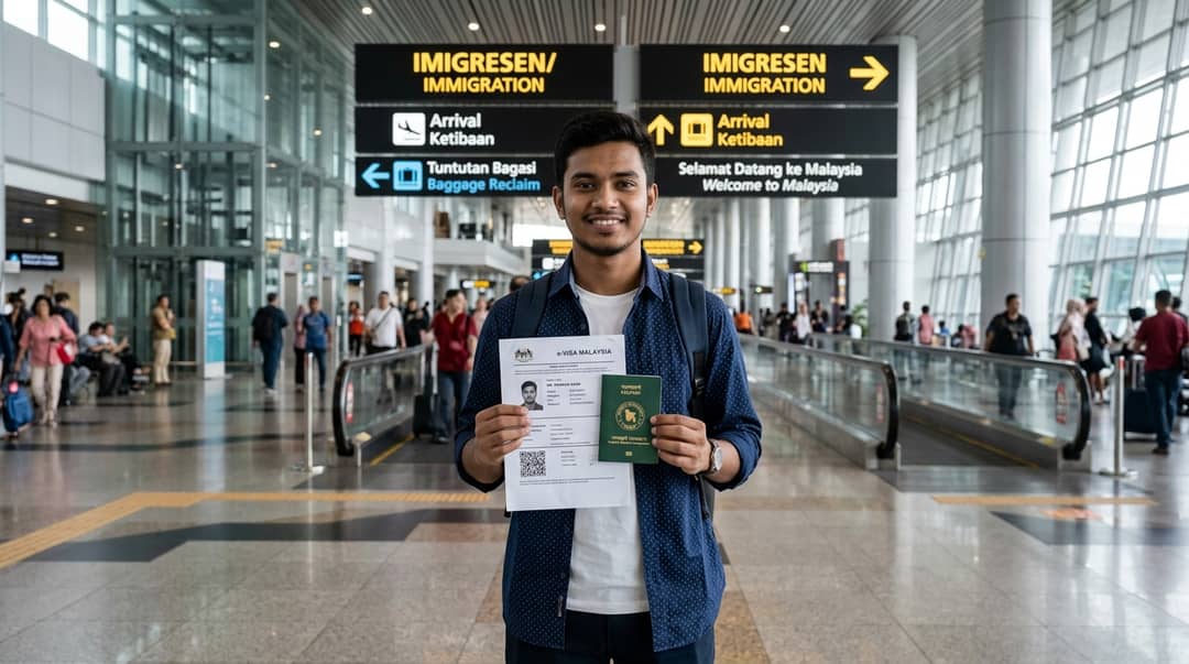 কুয়ালালামপুর আন্তর্জাতিক বিমানবন্দরে বাংলাদেশি প্রবাসী কর্মী ই-ভিসা ও পাসপোর্ট প্রদর্শন করছেন