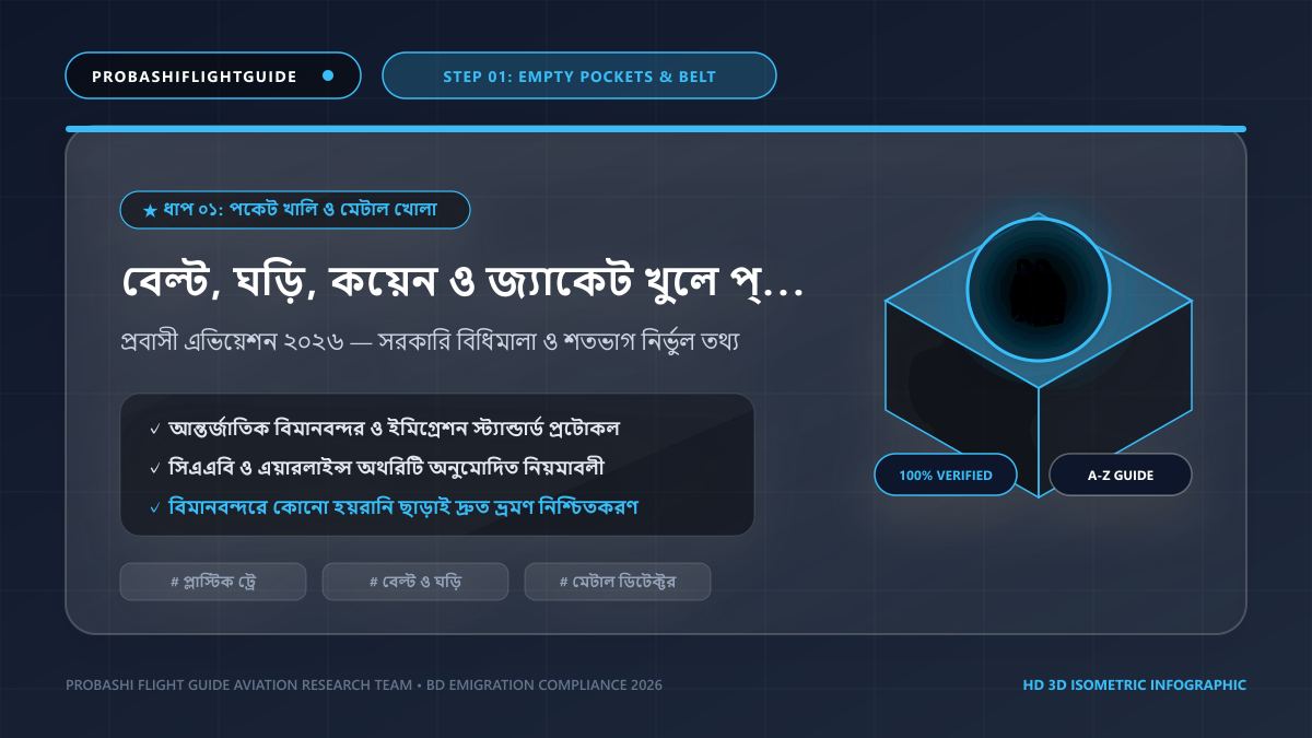 বেল্ট, ঘড়ি, কয়েন ও জ্যাকেট খুলে প্লাস্টিক ট্রেতে দেওয়ার নিয়ম