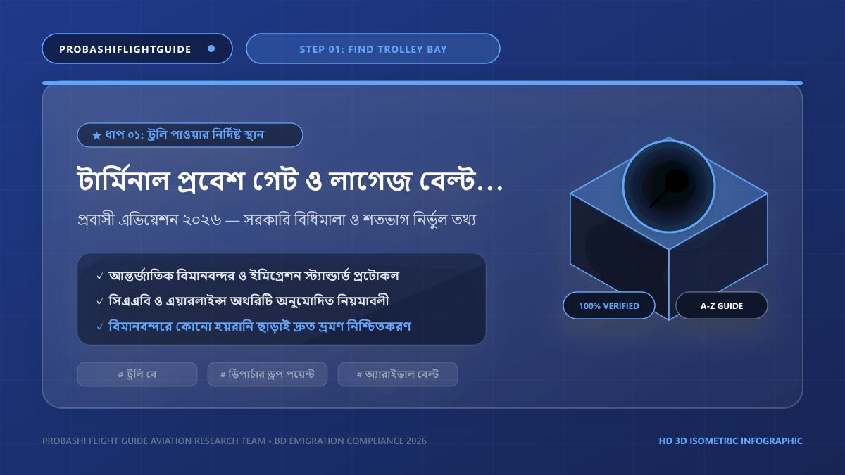 টার্মিনাল প্রবেশ গেট ও লাগেজ বেল্টের পাশে ট্রলি পিকআপ পয়েন্ট
