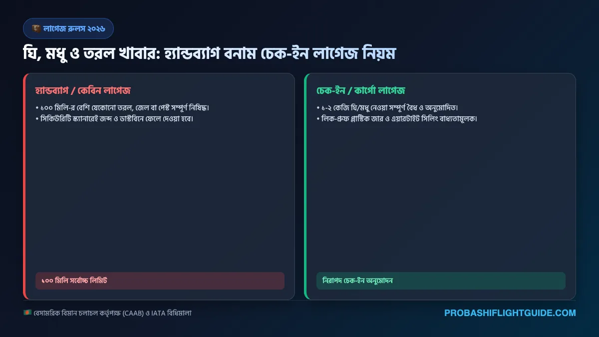 ইনফোগ্রাফিক ০১: ঘি ও মধু কেবিন ব্যাগেজে ১০০ মিলি নিষেধাজ্ঞা বনাম চেক-ইন লাগেজে অনুমোদন