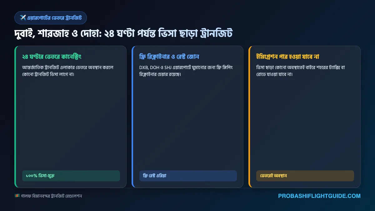 ইনফোগ্রাফিক ০১: জিসিসি বিমানবন্দরগুলোতে ভিসা-মুক্ত ট্রানজিট নীতিমালা