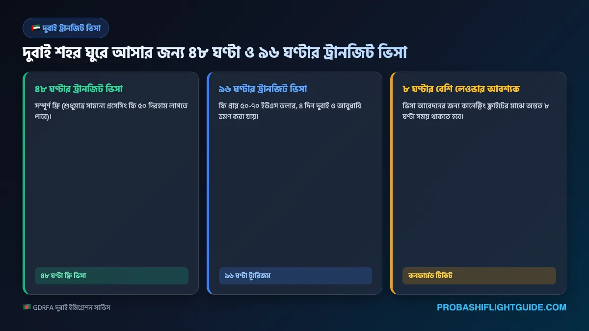 ইনফোগ্রাফিক ০৩: দুবাই ৪৮ ও ৯৬ ঘণ্টা ট্রানজিট ভিসা আবেদন ও ফি মেট্রিক্স