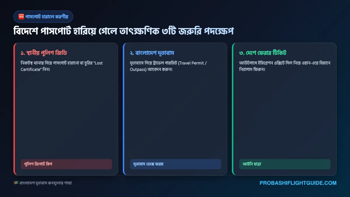 ইনফোগ্রাফিক ০১: পাসপোর্ট হারানোর পর তাৎক্ষণিক ৩টি আইনি পদক্ষেপ ফ্লোচার্ট