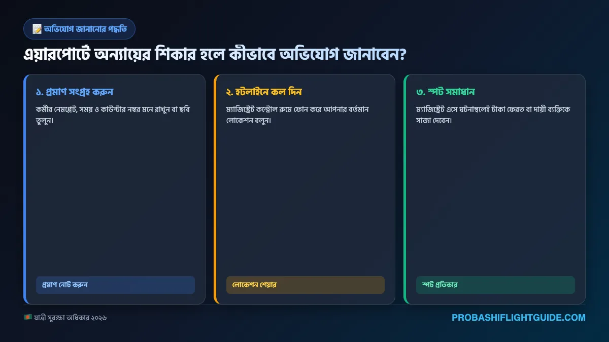 ইনফোগ্রাফিক ০৩: এয়ারপোর্টে তাৎক্ষণিক অভিযোগ দায়ের করার ৪টি ধাপ
