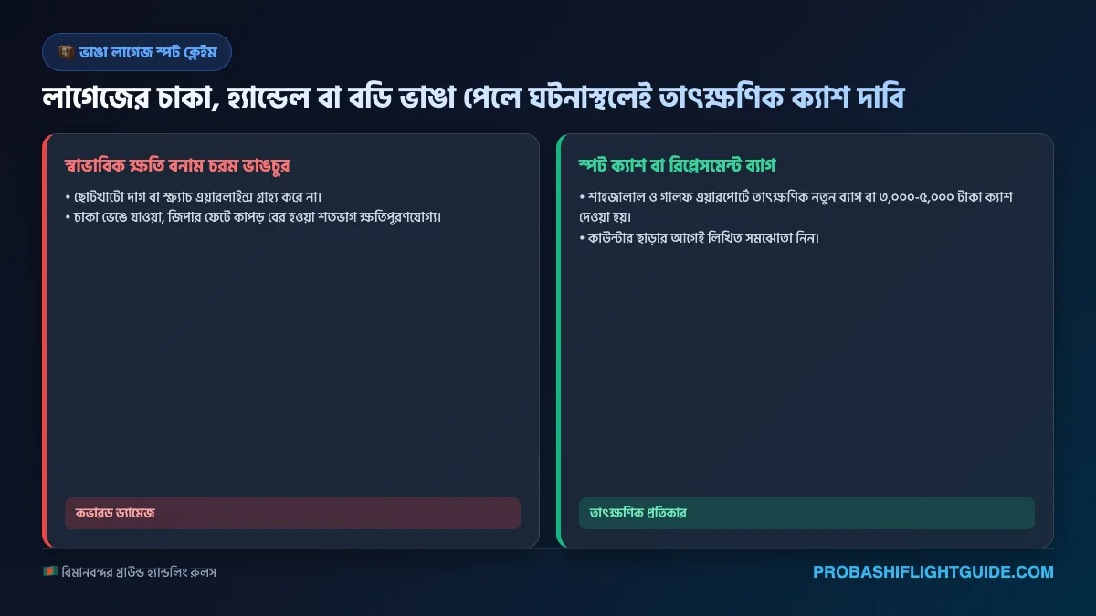ইনফোগ্রাফিক ০৪: ভাঙা লাগেজ স্পট ক্যাশ ক্ষতিপূরণ ও রিপ্লেসমেন্ট নিয়ম