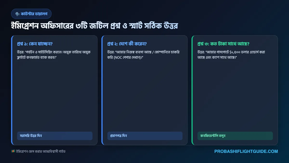 ইনফোগ্রাফিক ০৩: ইমিগ্রেশন অফিসারের কমন প্রশ্নোত্তর ও হ্যান্ডলিং টেকনিক